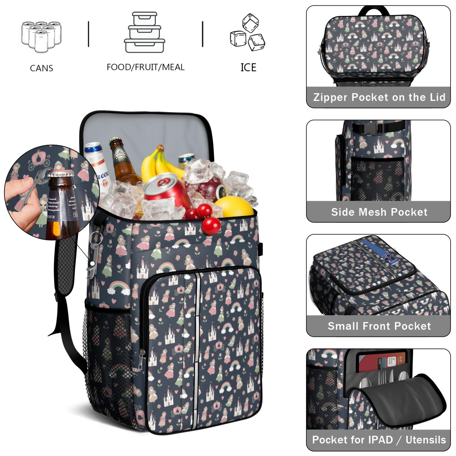 Travel Cooler Bag - Princess Castle Rainbow Pattern Camping Beer Cooler Backpack with Bottle Opener- Waterproof Insulated Picnic Backpacks - Cooler Bag for Beach