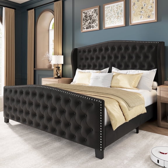 Breltam King Size Bed Frame Velvet Upholstered Platform Bed with Wingback Headboard, Black