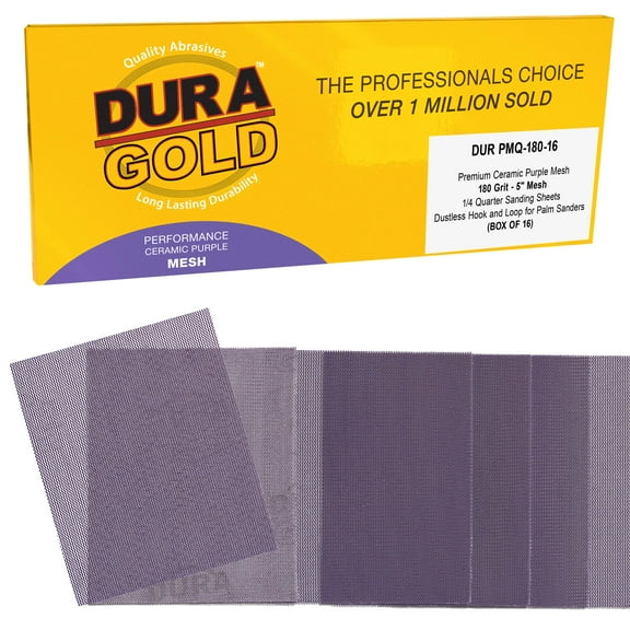 Dura-Gold Premium 180 Grit 1/4 Sheet Size Purple Ceramic Mesh Sandpaper, Box of 16 - 4.5" x 5.5" Dustless Hook & Loop Backing, Palm Sanders, Sanding Blocks - Long-Lasting Fast Cut - Woodworking, Auto