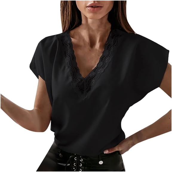 Mittory Women V Neck Short Sleeve Shirts Lace Trim Blouse Popular Trendy Cute Tops
