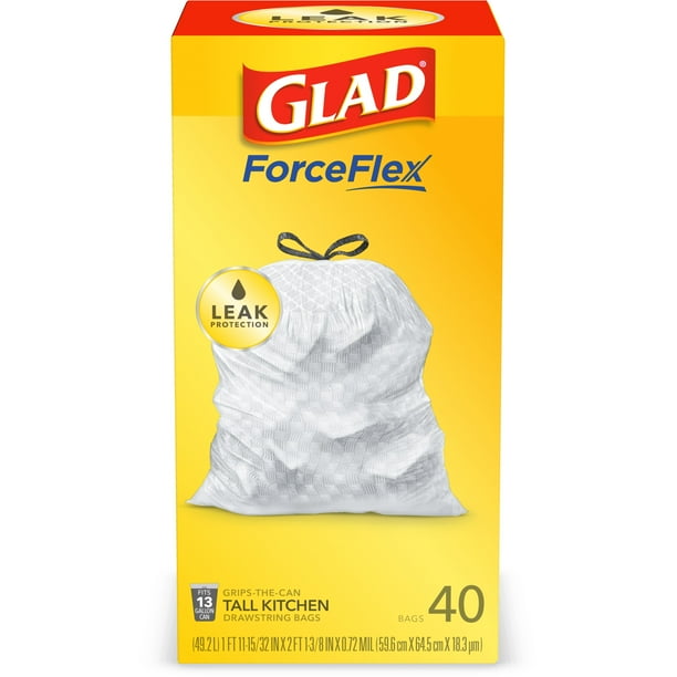 Glad Tall Kitchen Trash Bags, 13 Gallon, 40 Bags (ForceFlex, Unscented