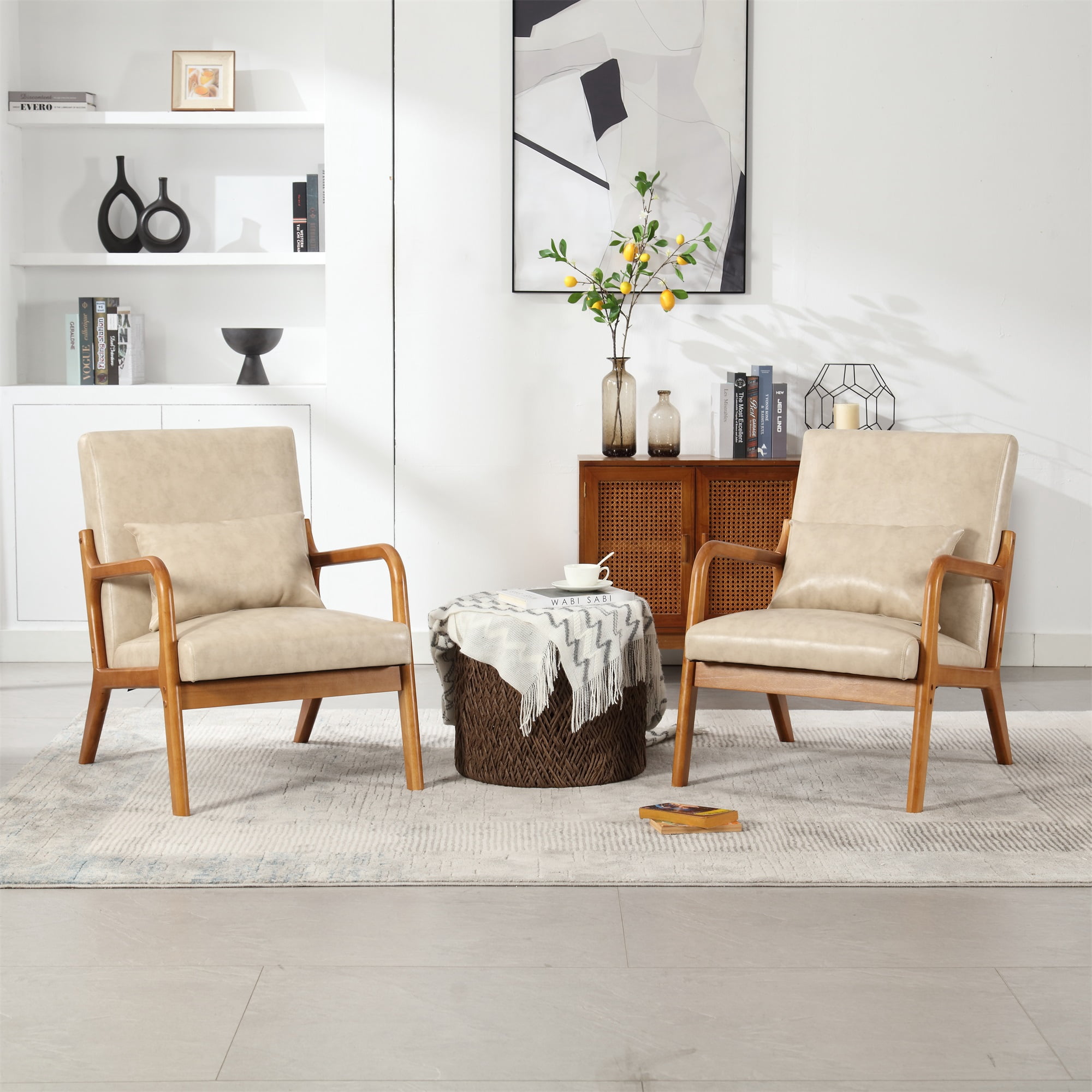Miniyam Modern PU Leather Accent Chair, Solid Wood Lounge Reading Armchair With One Pillow for Living Room, Bedroom, Guest Room, Khaki