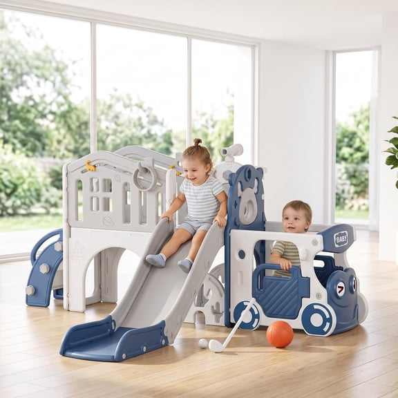 KORIMEFA 9-IN-1 Toddler Slide Set for kids Age 1-5, Bus-Themed Climber Indoor Outdoor Playset with Slide, Golf, Basketball Hoop, Climber, Wheel