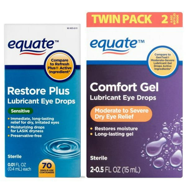 Equate Sensitive Restore Plus Lubricant Eye Drops / Comfort Gel Lubricant Eye Drops Bundle