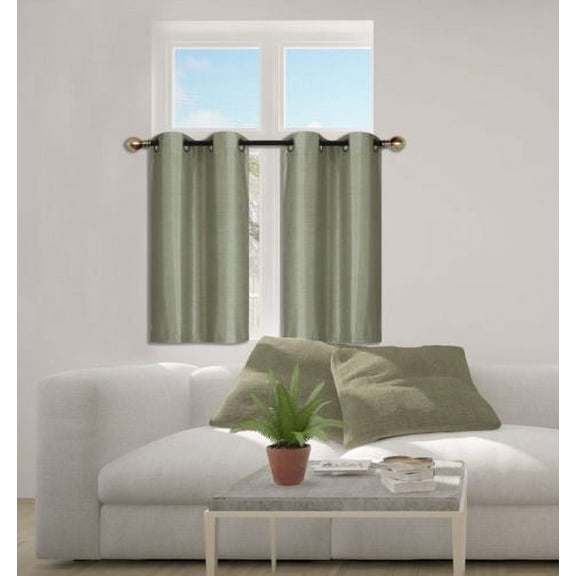 N25 Sage 1-Set Solid Faux Silk Grommet Top Small Window Curtain, 2 Semi Sheer Tier Panels 30" W x 36" L (Each Tier)