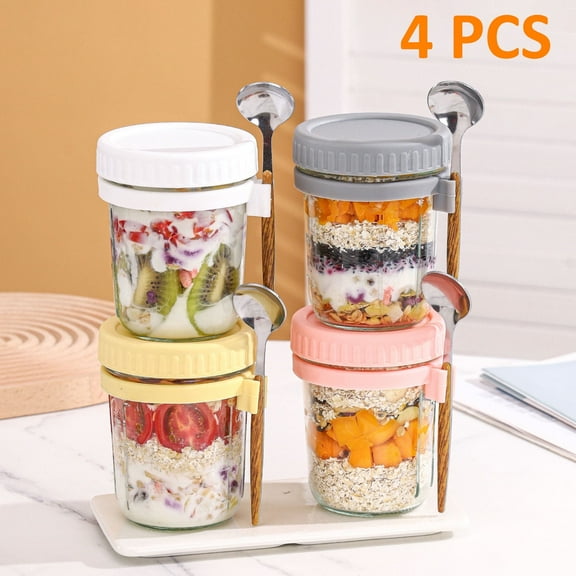 Overnight Oats Containers with Lids & Spoons,Jars for Overnight Oats-4 Pack 16oz Glass Mason Jars,Leakproof Meal Prep Storage(White Grey Yellow Pink)