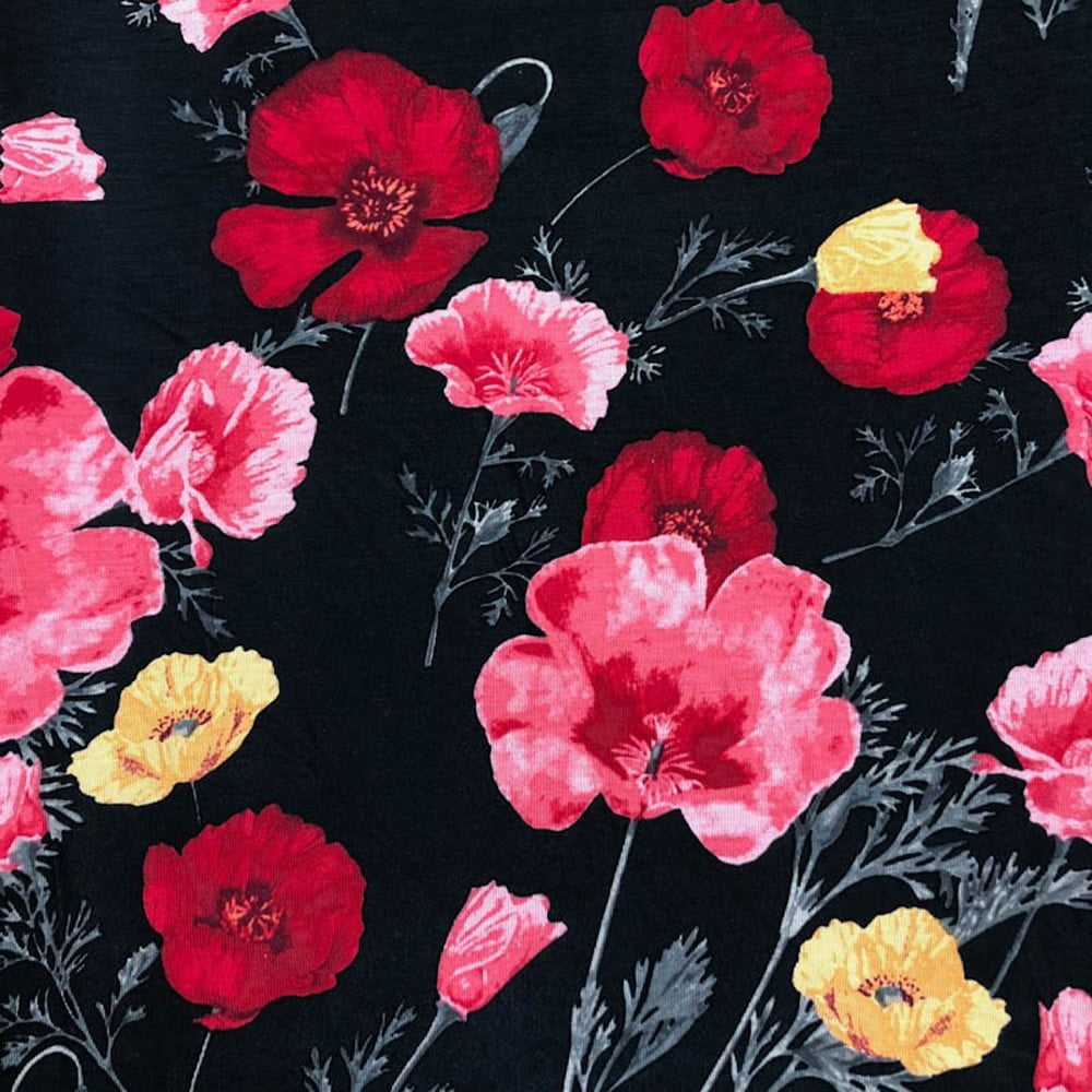 Rayon Spandex Knit Jersey Fabric Beautiful flowers Print  Black Red  by the yard 