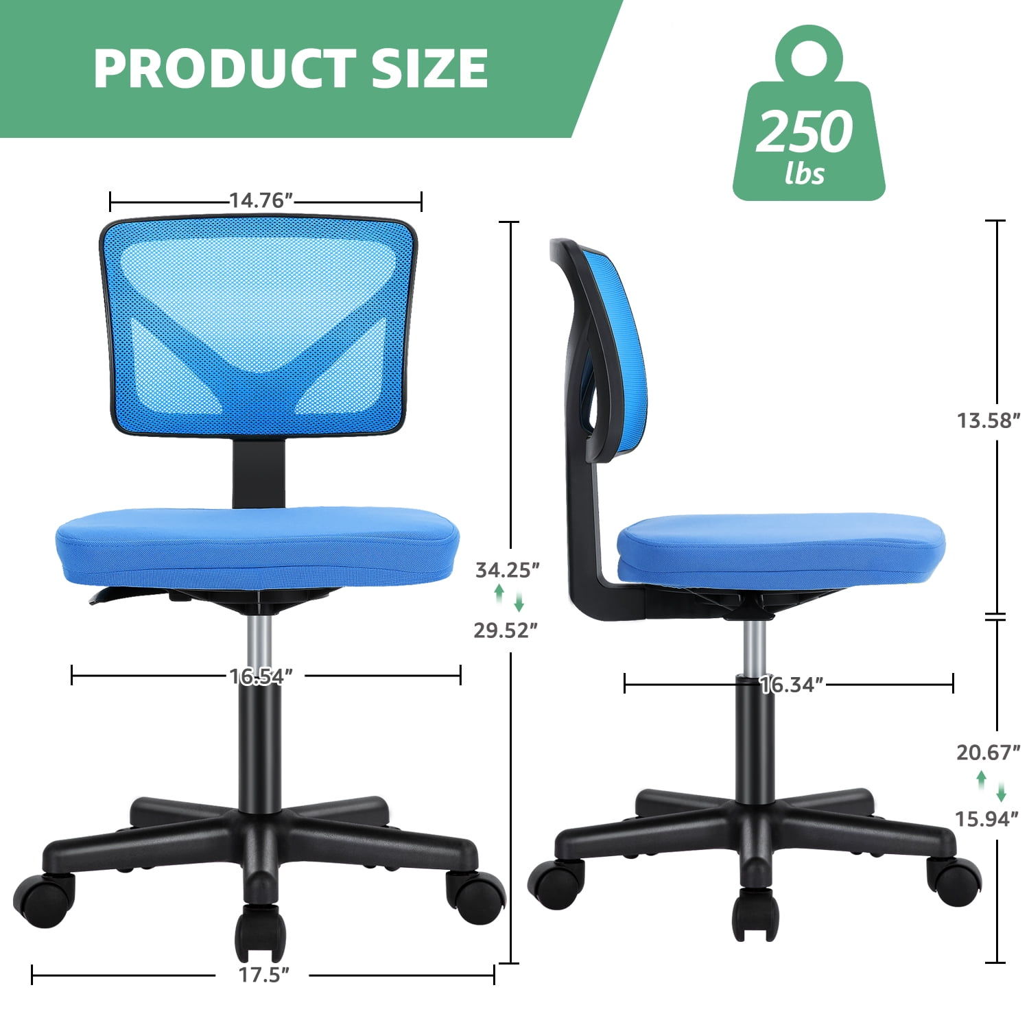 JOINSUN Armless Desk Mesh Office Chair, Adjustable Height Ergonomic Low Back Vanity Task Desk Chair with Wheels, Blue