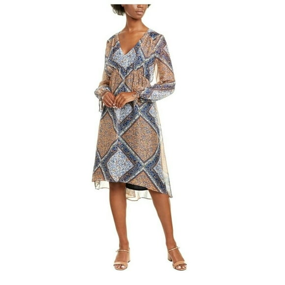 TAYLOR Womens Navy Zippered Chiffon Printed Cuffed Sleeve V Neck Midi Hi-Lo Dress 16