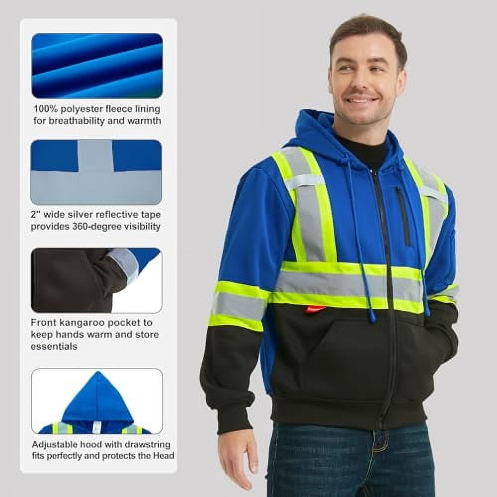 ProtectX High Visibility Safety Sweatshirt for Women Men, Class 3 Hi Vis Hoodie with large Pocket, Hooded Full-Zip Reflective Sweatshirt for Work & Construction, Blue, Large