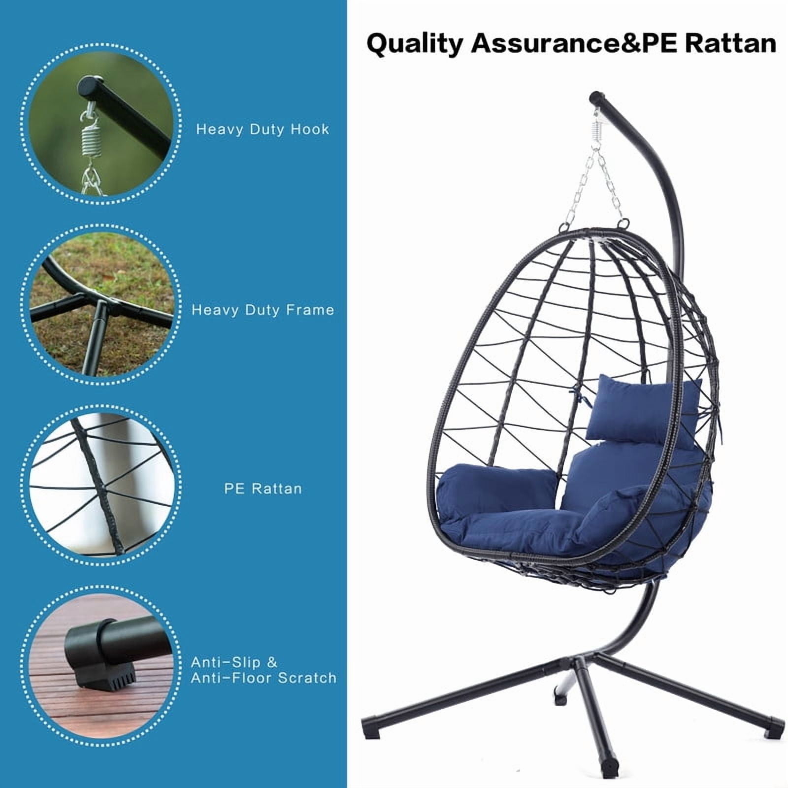 Hanging Egg Chair with Stand, Outdoorn Wicker Egg Swing Chair with Cushion, Heavy Duty Patio Hammock Chairs for Garden Backyard Balcony Bedroom