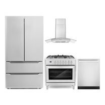 Cosmo 4 Piece Kitchen Appliance Packages with 36" Freestanding 220/240V Dual Fuel Range 36" Wall Mount Range Hood 24" Built-in Dishwasher & French Door Refrigerator Kitchen Appliance Bundles