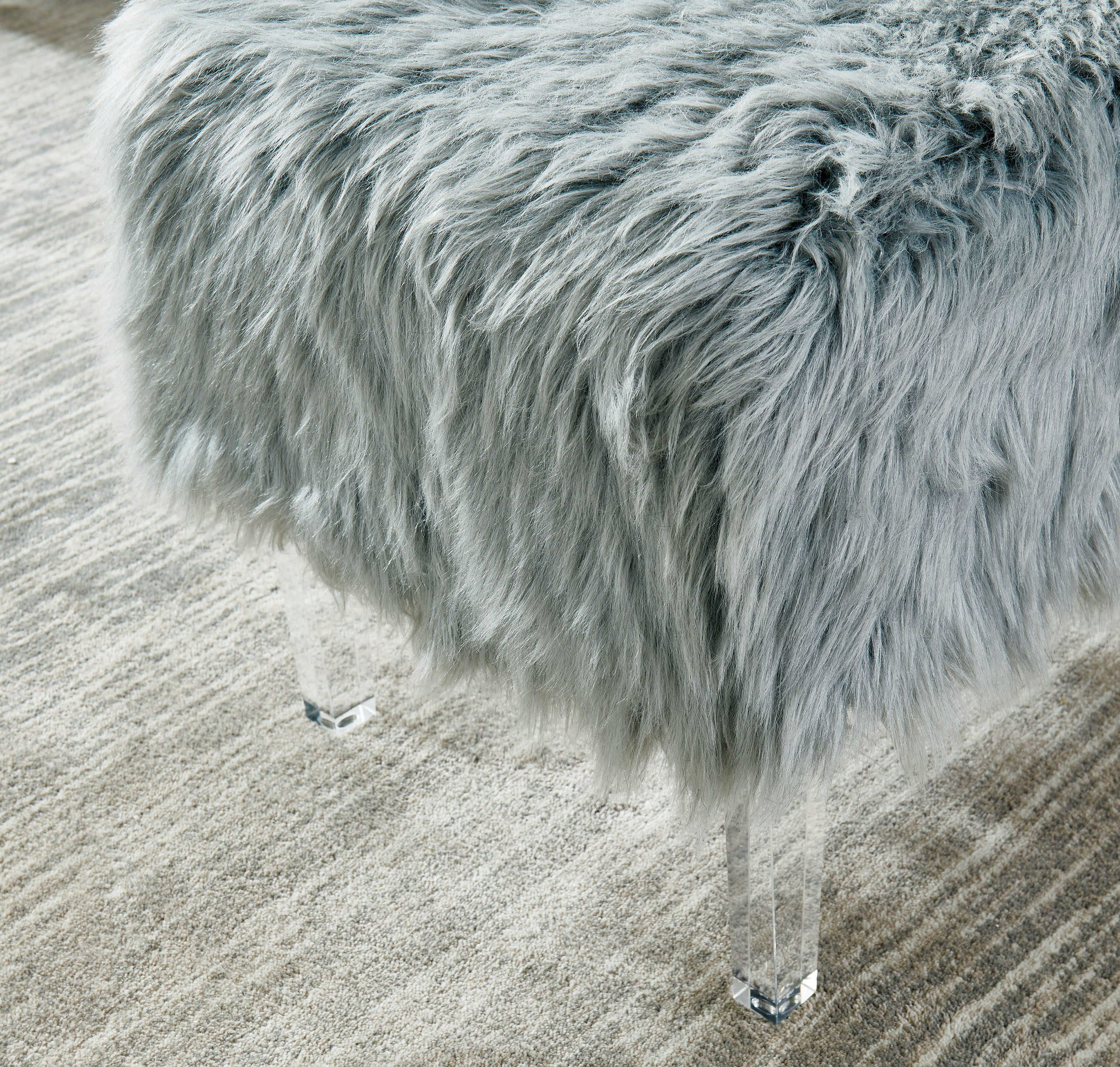 Raven I Contemporary Faux Fur Acrylic Ottoman, Gray