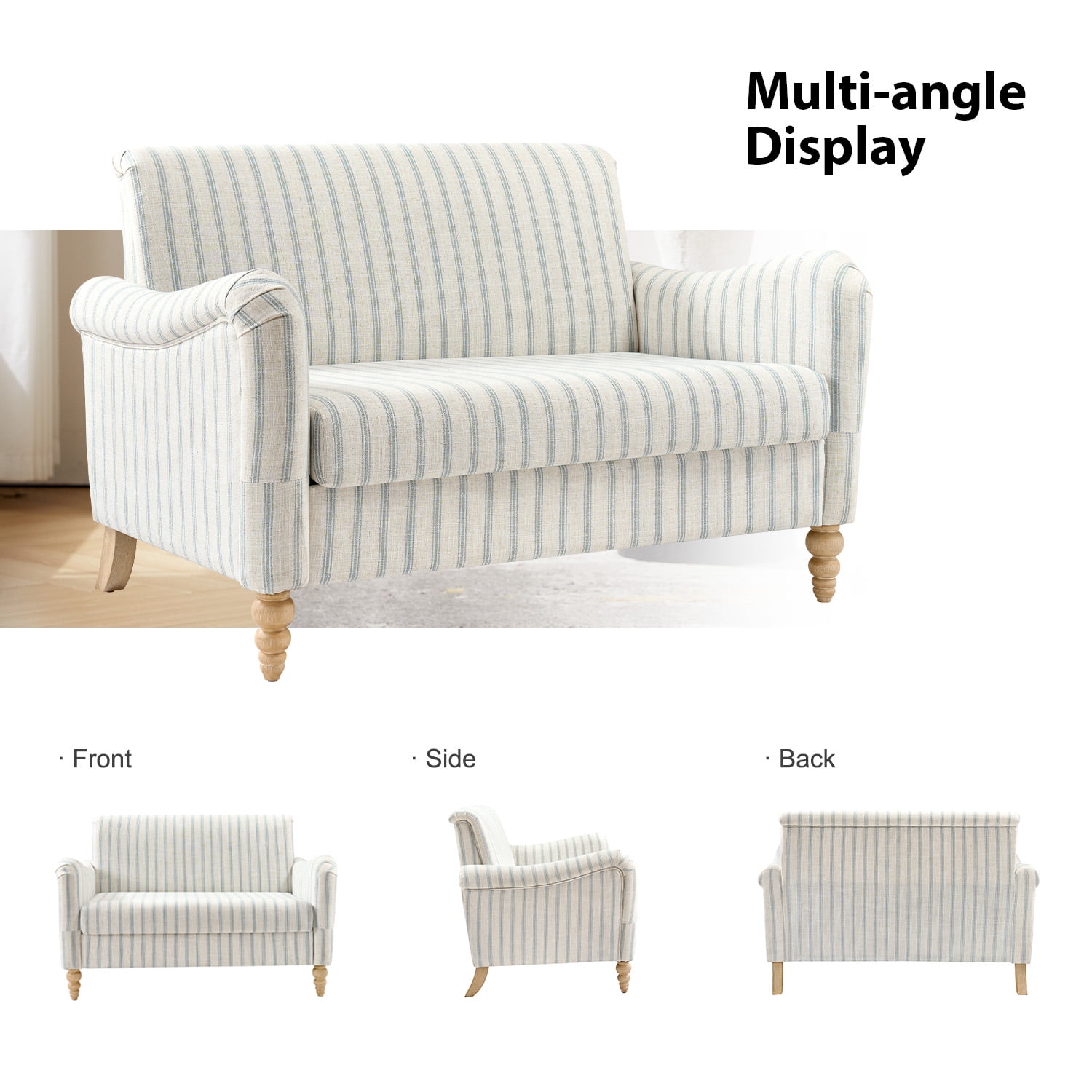 Tina's Home 50" Farmhouse Loveseat Sofa, Stripe Blue Upholstered Couch with Wide Seat, Sloped Arms and Solid Wood Bobbin Legs