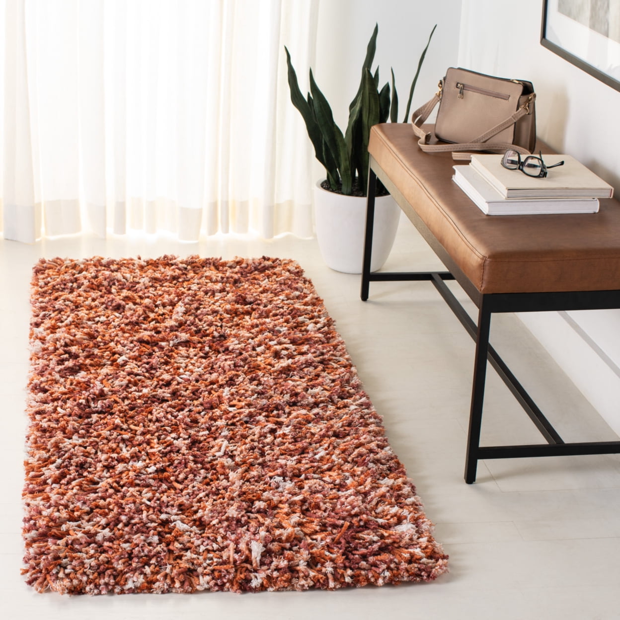 SAFAVIEH Rio Kynaston Solid Polyester Shag Area Rug, Rust/Ivory, 4' x 6'