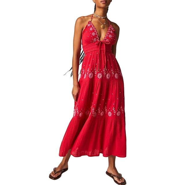 xiaxaixu Robe Longue Décontractée d'Été pour Femme, Broderie de Fleurs, à Nouer, Col Licou, Sans Manches, Robe Mode Dos Nu, Robe Trapèze