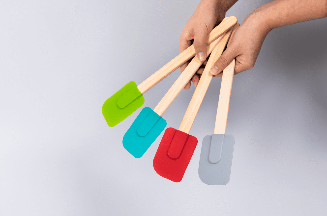 Mainstays Colorful Silicone Spatulas Set 4 with Wooden Handles, Red, Silver, Green and Blue Color