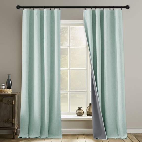 NICETOWN Full Blackout Linen Curtains 84 inches Long, Thermal Insulated Noise Reducing Drapes for Bedroom Living Room, Seafoam Green, 52"x84", Set of 2
