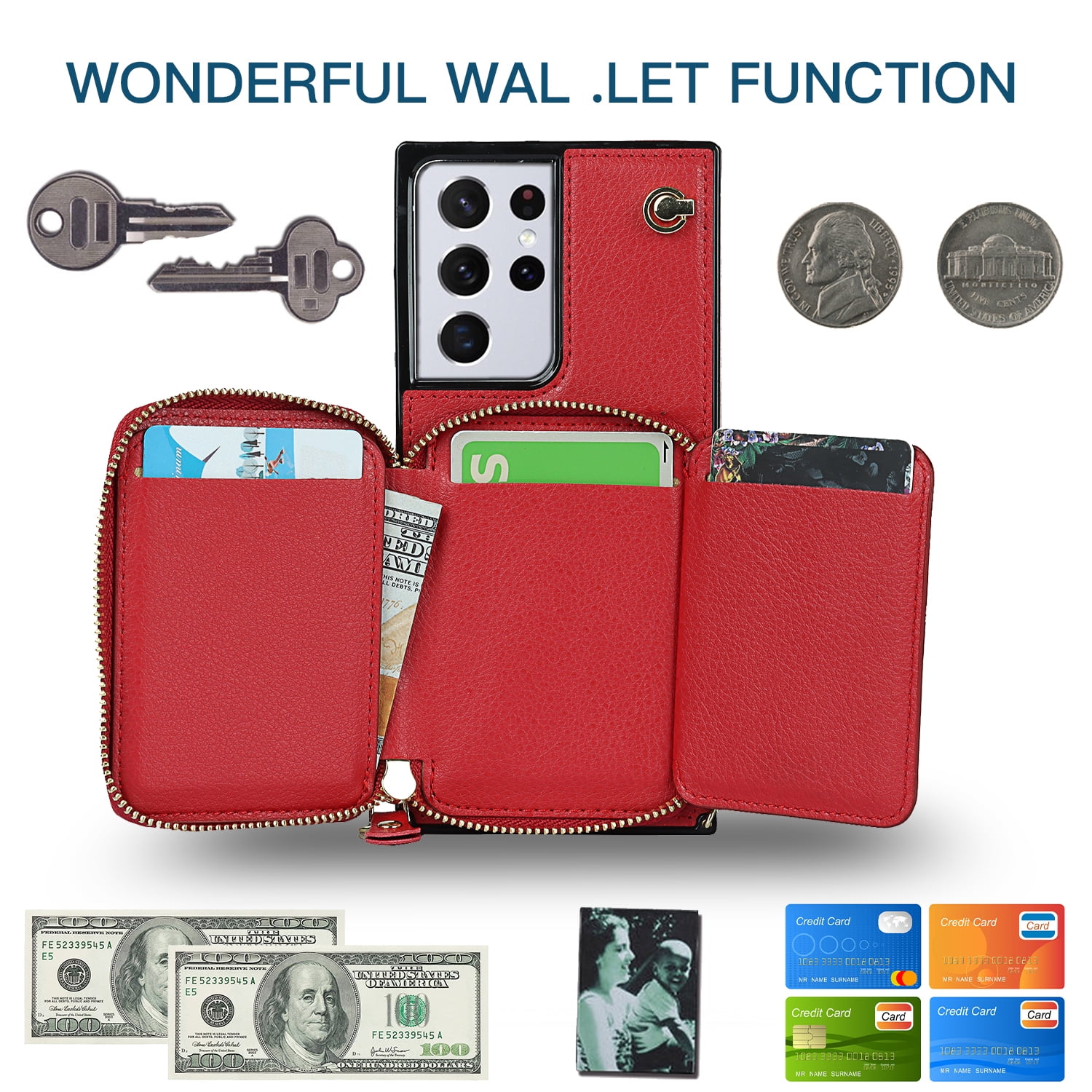 TECH CIRCLE For Galaxy S9 Wallet Case,Card Holder Phone Case for Women, Zipper PU Leather Purse Kickstand Folio Flip Case with Crossbody Strap for Samsung Galaxy S9 5.8" 2018,Red
