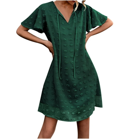 Womens Summer Ruffle Short Sleeve V Neck Mini Dress Chiffon Swiss Dot Flowy Short Dress Solid Casual Loose Beach Dress