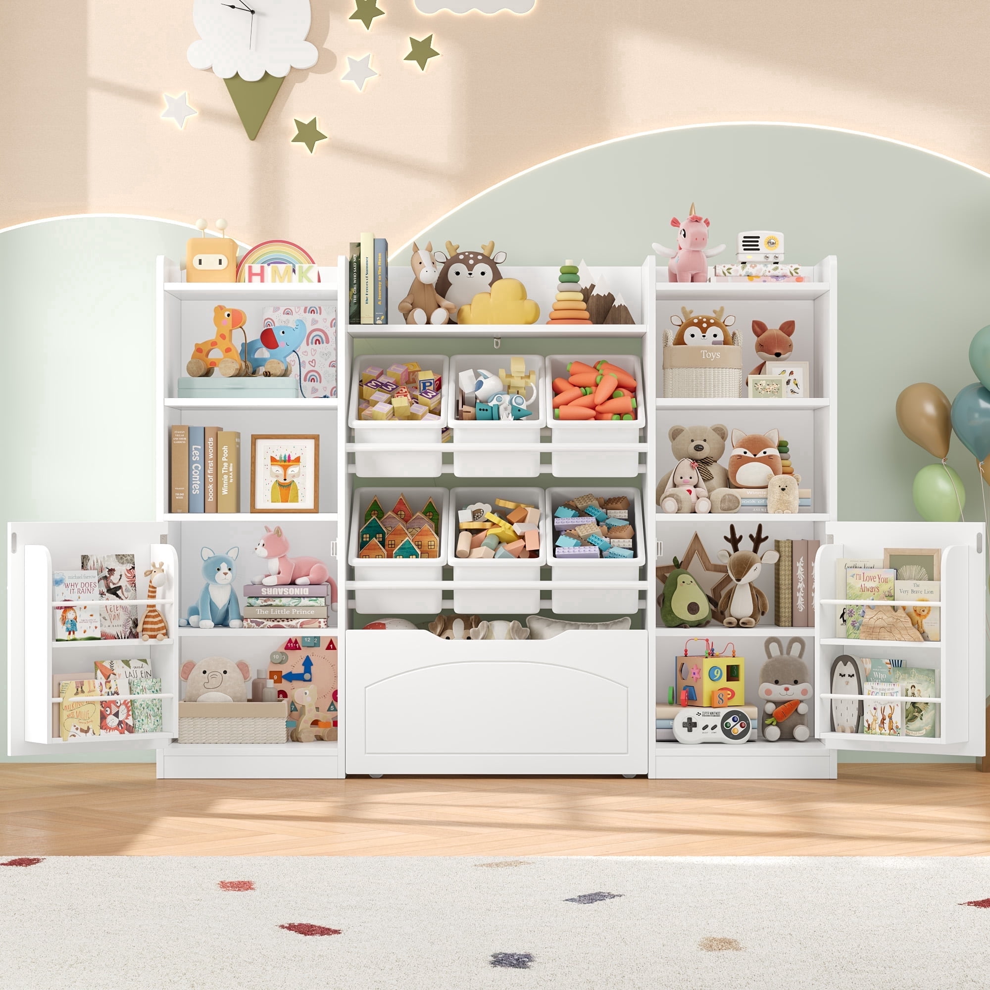 Hiphuta 55"Wide Toy Storage Organizer with Book Shelves Behind The Doors, Kids Bookcase Wood Toy Organizer of 6 Removable Boxes & 8 Storage Cubes, White