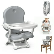 FVLOENG Portable Baby Booster Seat for Babies & Toddlers, Adjustable Foldable Feeding Seat with Tray, Travel Dining Chair Booster & Floor Seat for Home, Camping, or Travel (Gray, 1 Year & up)