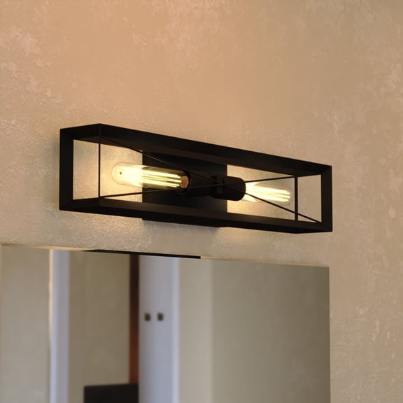 Milton 2-Light 24 in. Wide Matte Black Transitional Flush Wall Sconce with Metal Cage Shade, Dimmable, LED Compatible, Steel Bathroom Vanity Lighting Fixture, Vertical or Horizontal Mount Bath Bar