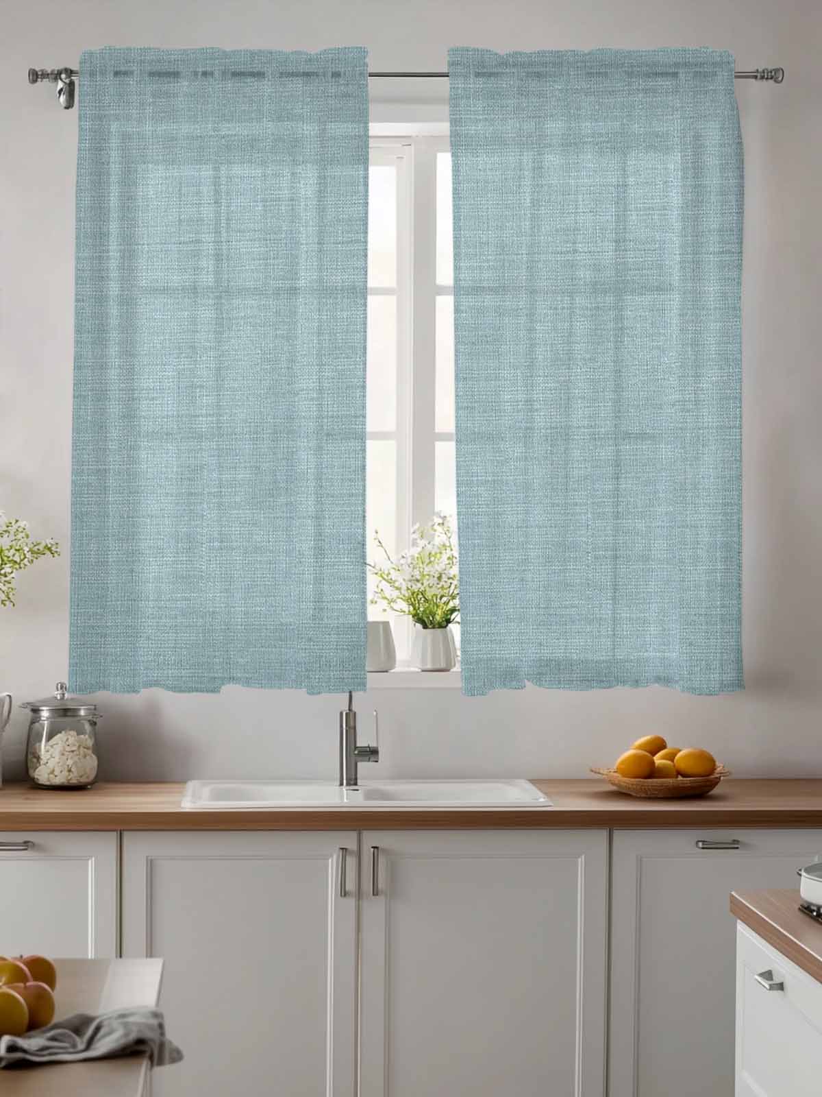 Vintage Haze Blue Curtains 45 Inch Length,Sheer Curtains for Bedroom Living Room Window Farmhouse Retro Solid Color Linen Texture Voile Drapes Kitchen Curtains Small Half Window 52"x45" 2 Panels