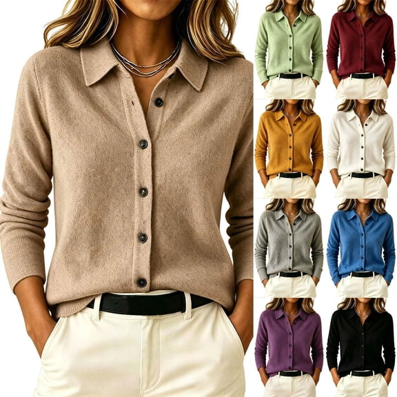 Tqcoqu Women's Solid Collared Button Front Knit Cardigan,Long Sleeve Loose Lightweight Sweater Jacket For Fall Winter Casual Office,Black Women's S-XXL
