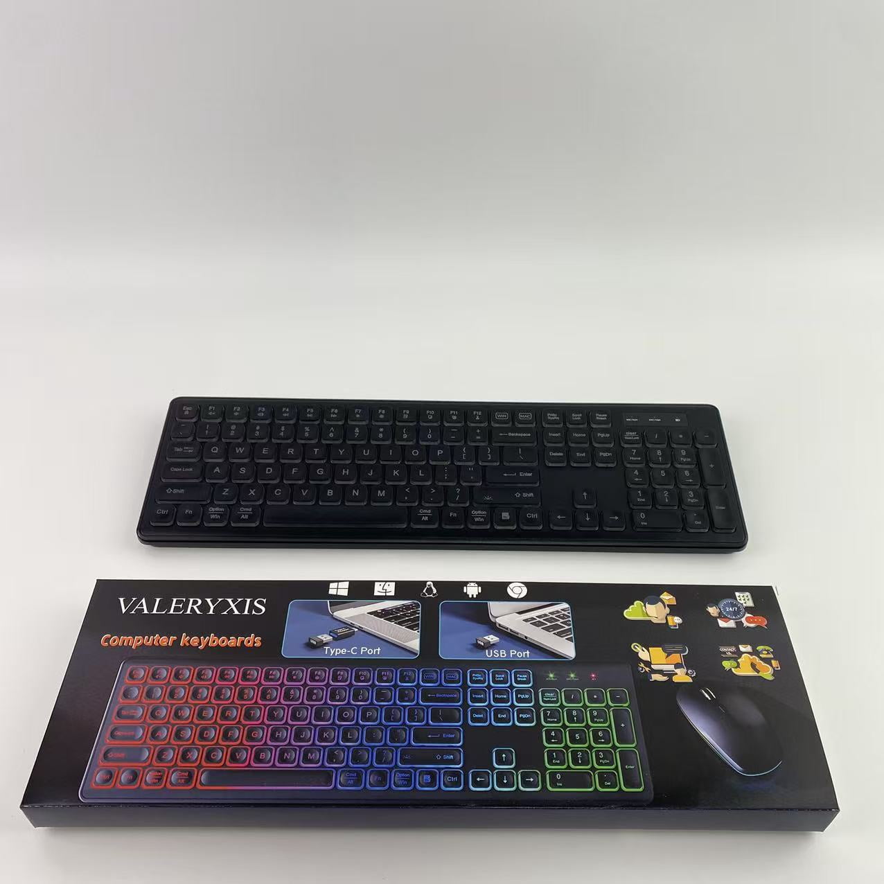 VALERYXIS Computer keyboard, wireless keyboard, rechargeable and illuminated letters, full-size