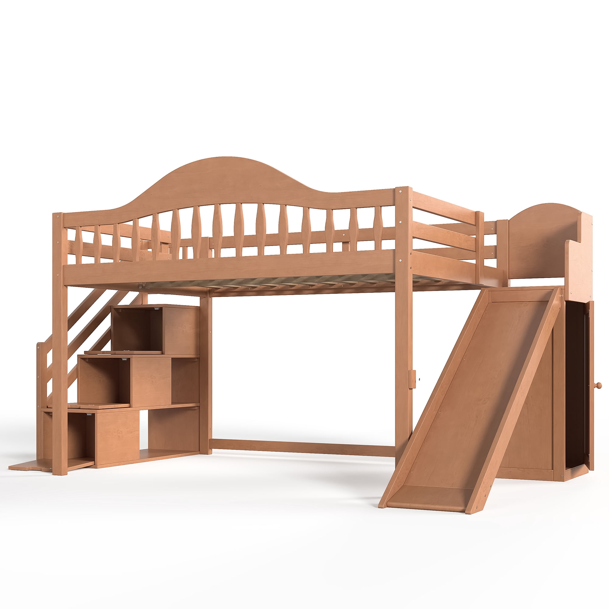 Leumius Full Loft Bed with Storage Stairs, Slide & Built-in Wardrobe, Stylish High Guardrail, Wood Loft Bed Frame for Bedroom,Dorms,Guests Walnut