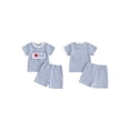 thumbnail image 2 of BemeyourBBs Toddler Baby Boys Summer Clothes Mothers Day Outfit I love Mom Letters Embroidery Short Sleeve Waffle Striped T Shirts with Pockets Shorts 2Pcs Set, 2 of 9