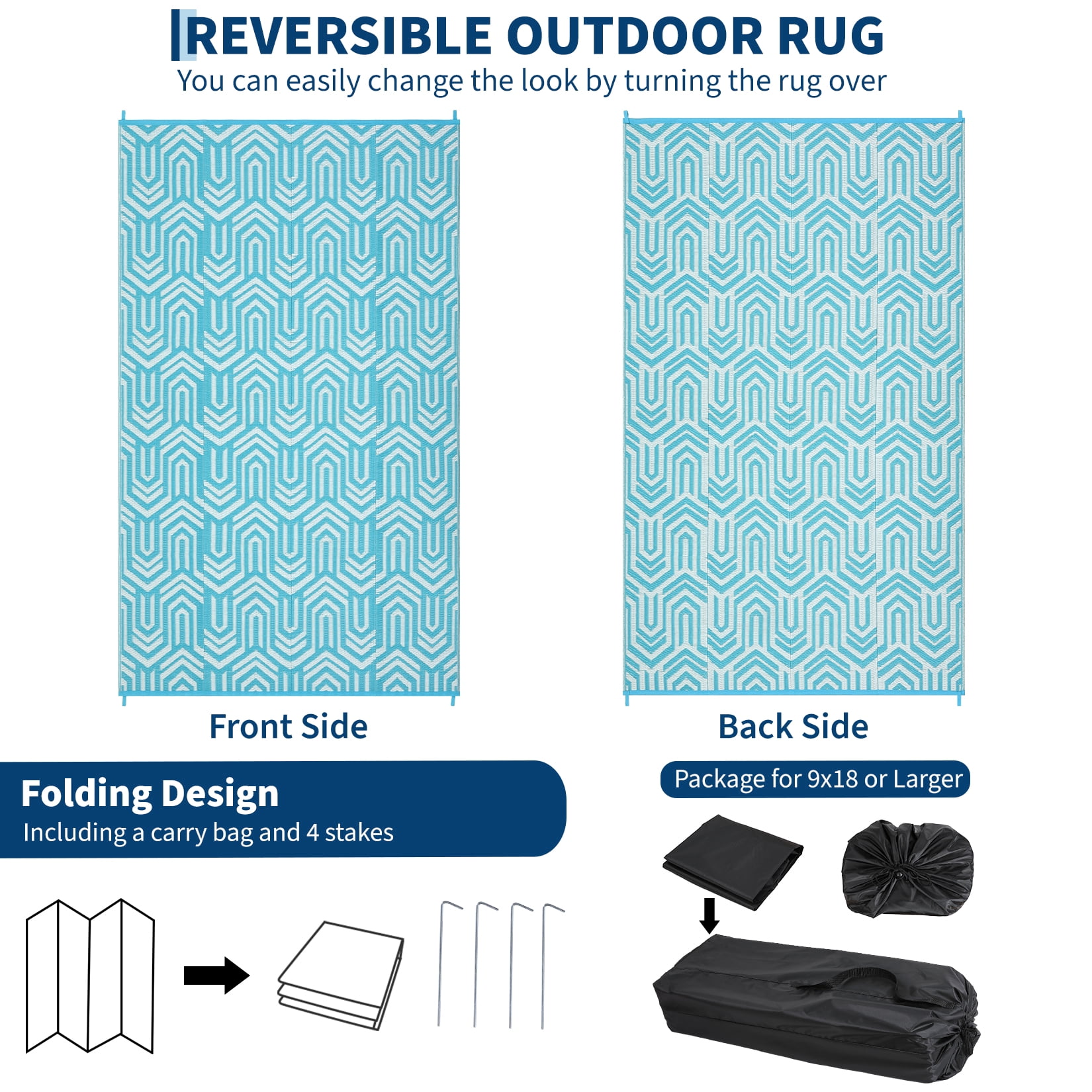 Garvee Waterproof Outdoor Rug 9x12ft Reversible Patio Rug, Plastic Straw Rug RV Camping Rug for Deck Balcony Porch Picnic Backyard, Light Blue