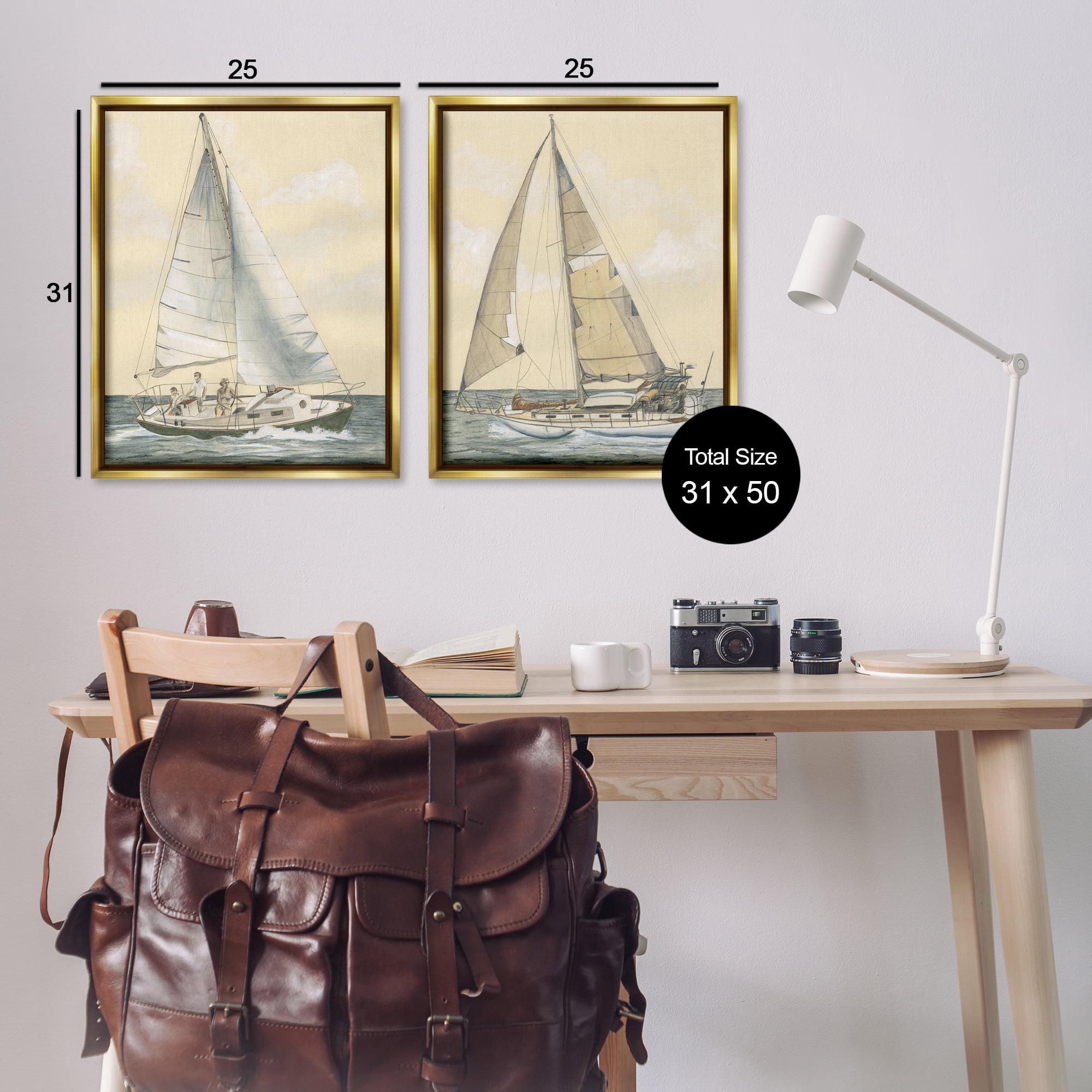 Stupell Industries Sailboat Crew At Sea People Painting Gold Floater Framed Canvas Art Print Wall Art, 31 x 25, Set of 2