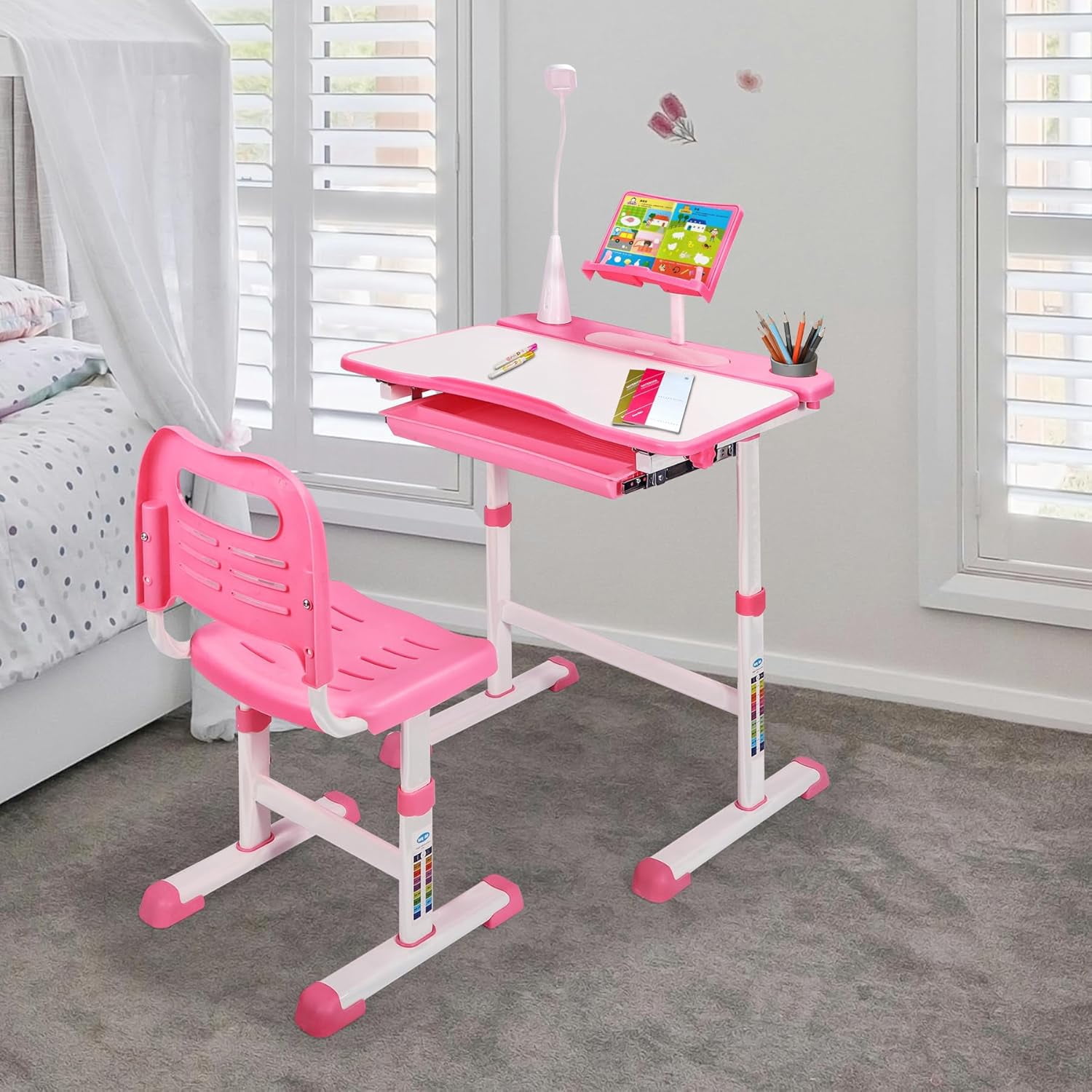 RedSwing Kids Desk and Chair Set, Height Adjustable Children Study Table Chair with Led Light, Bookstand, Portable Kids Desk with Tilted 0-60° Table Top for Girls Age 3-15,Pink
