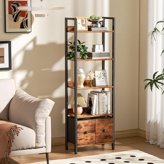 5-Tier Bookshelf, Tall Bookcase with 2 Storage Drawers, Adjustable Industrial Display Standing Shelf Units, Wood and Metal Storage Rack for Living Room, Bedroom, Home Office Rustic Brown