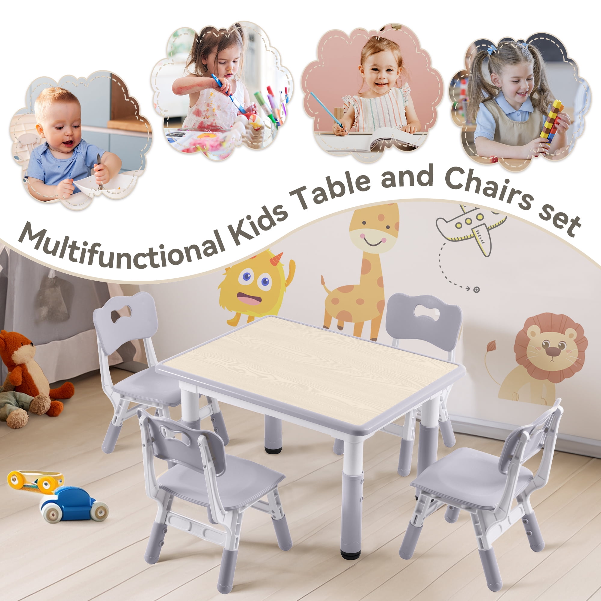 Kids Study Table and Chairs Set, Height Adjustable Toddler Table and Chair Set for Kids Ages 3-8, 31.5" L x 23.6" W Graffiti Desktop Plastic Children Art Table with 4 Seats, Grey