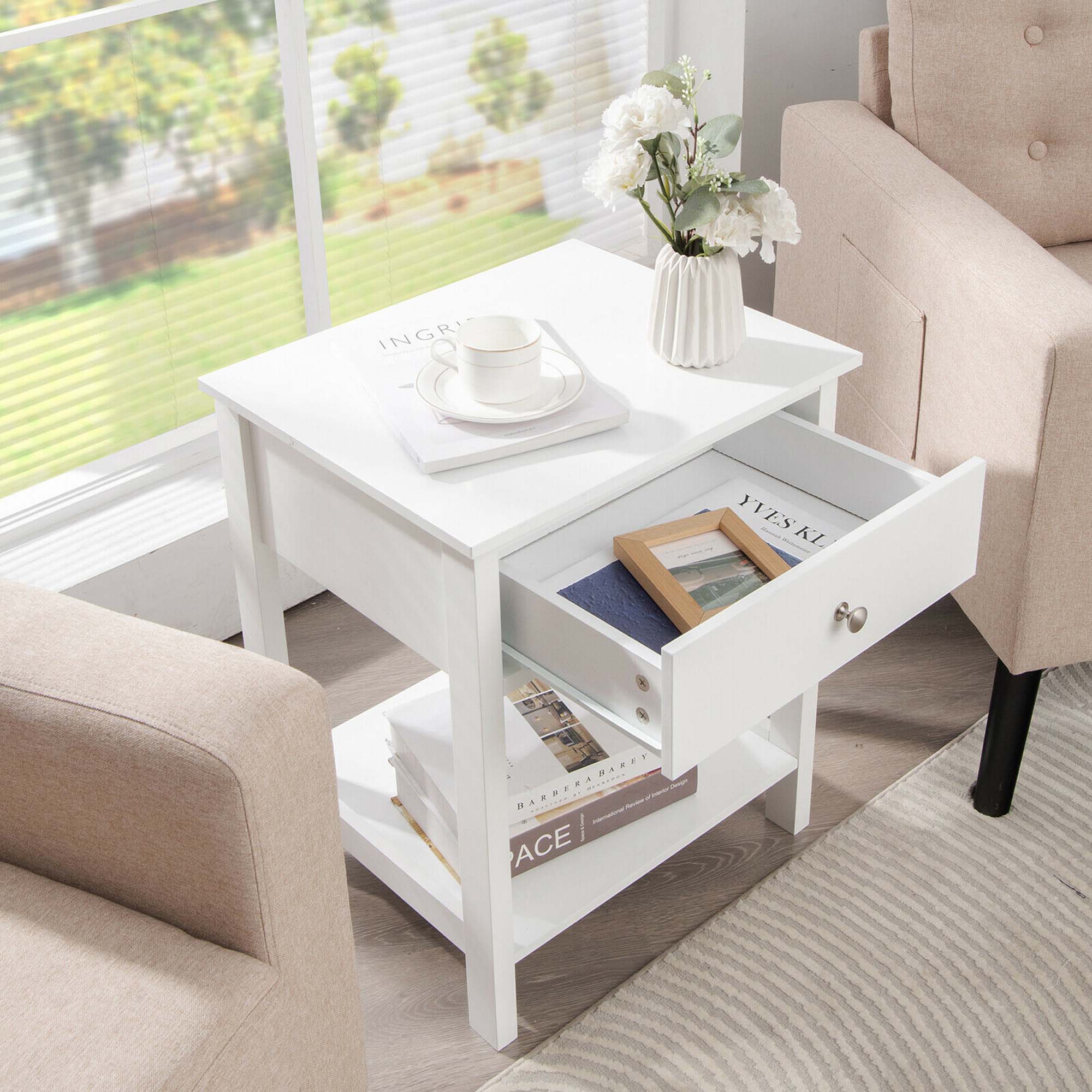 Gymax 2PCS 2-Tier Nightstand Modern Side End Table w/ Drawer & Open Shelf White
