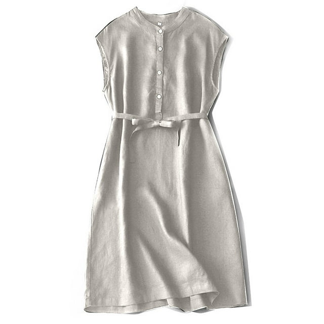 AherBiu Robes d'Été pour Femmes Sans Manches Demi-Bouton Col en V Décontractée Ample Robe Midi avec Ceinture