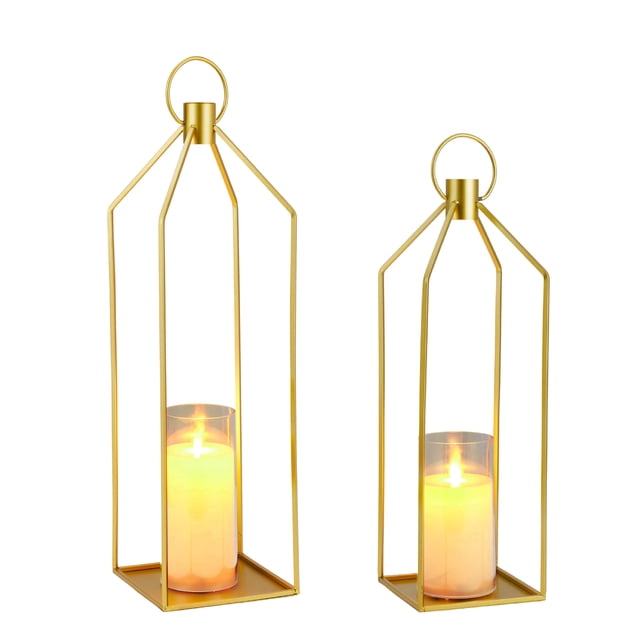 LED Flameless Candle Lantern Set, Decorative Metal Lanterns with Remote Control, Battery Operated Flickering Candles for Home Wedding Table Decor, French Gold or Sand Black, 12+15 or 19+22 Inch