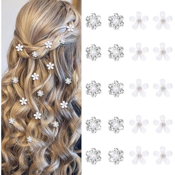 20 count Mini Flower Hair Clips Decorative Rhinestone Hair Pins Small Wedding Hair Barrettes White Hair Clips Bridal Flower Girl Hair Accessory (2 Patterns)