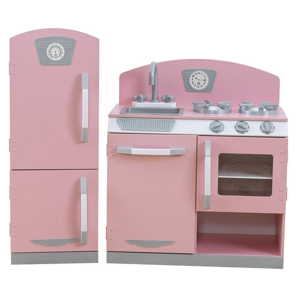 KidKraft Cuisine de Jeu Rétro en Bois et Réfrigérateur Ensemble 2 Pcs avec Robinet, Évier, Brûleurs et Boutons de Travail, Rose, Cadeau pour 3 Ans et Plus