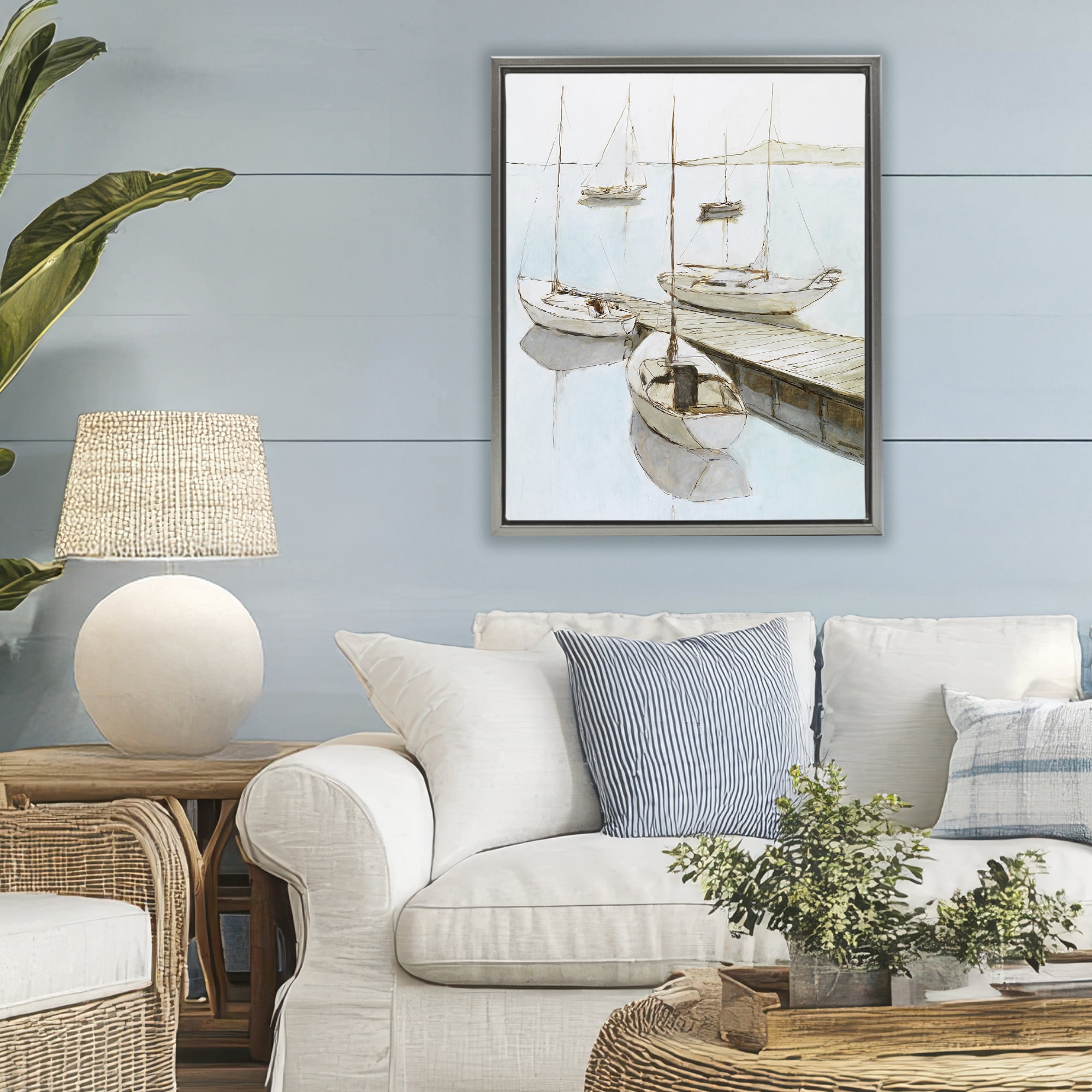 Stupell Industries Docked Sails Coastal Scene Gray Framed Floater Canvas Wall Art, design by Lorenzo Collective