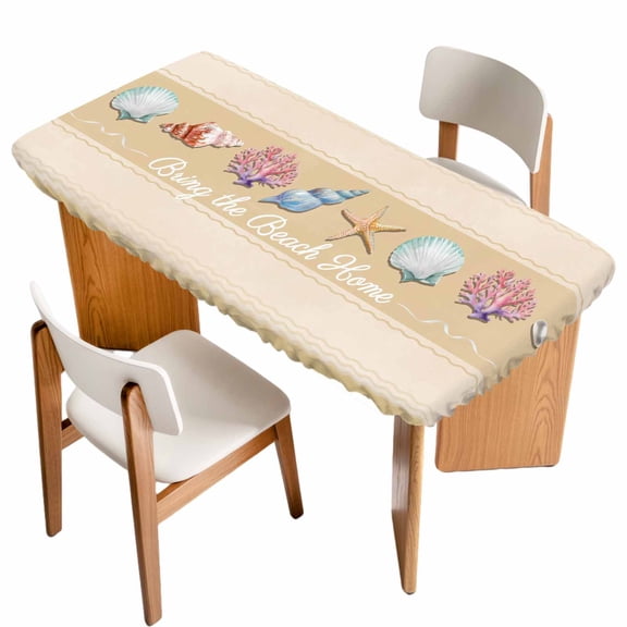 Yellow Summer Coastal Table Cloths for 3 Foot Rectangle Tables, Modern Ocean Waves Starfish Shell Patio Waterproof Elastic Fitted Tablecloths, Washable Rectangular Table Cover for Camping