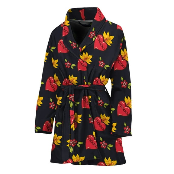 Sacred Heart Pattern Women Bathrobe One Size Univeral Fits Fashion Lightweight Plush Fleece Long Robe For Women
