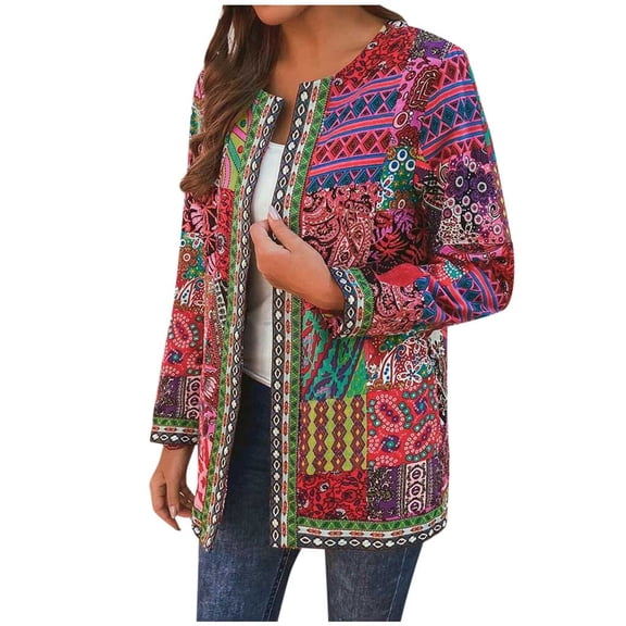 Women's Boho Patchwork Print Cardigan Open Front Long Sleeve Outerwear Lightweight Crewneck Duster Kimono Jacket Tops