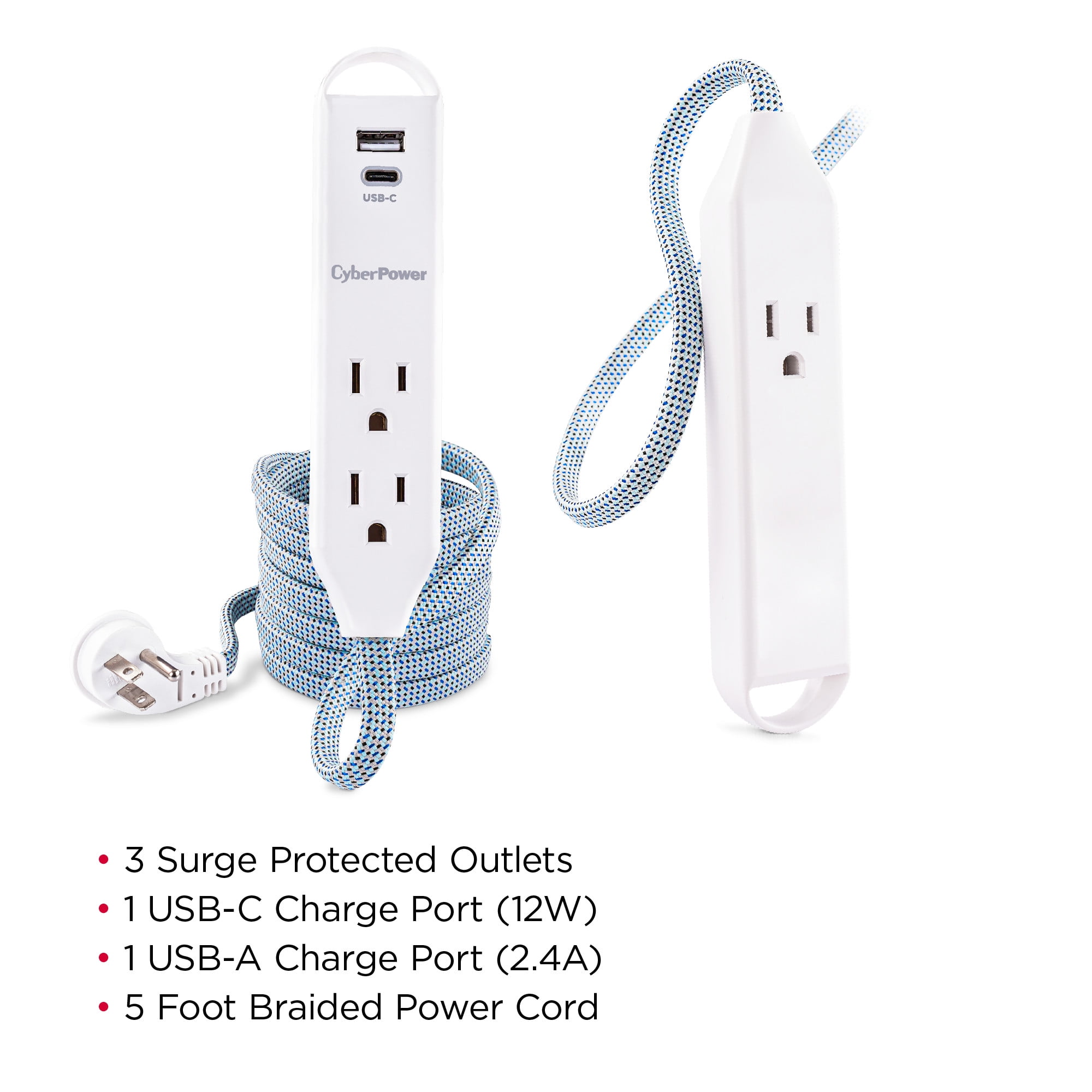 CyberPower GC305UCB - 400 Joule White Surge Protector, 1 USB-A Port, 1 USB-C Port, 3 Outlets, 5 ft Cord