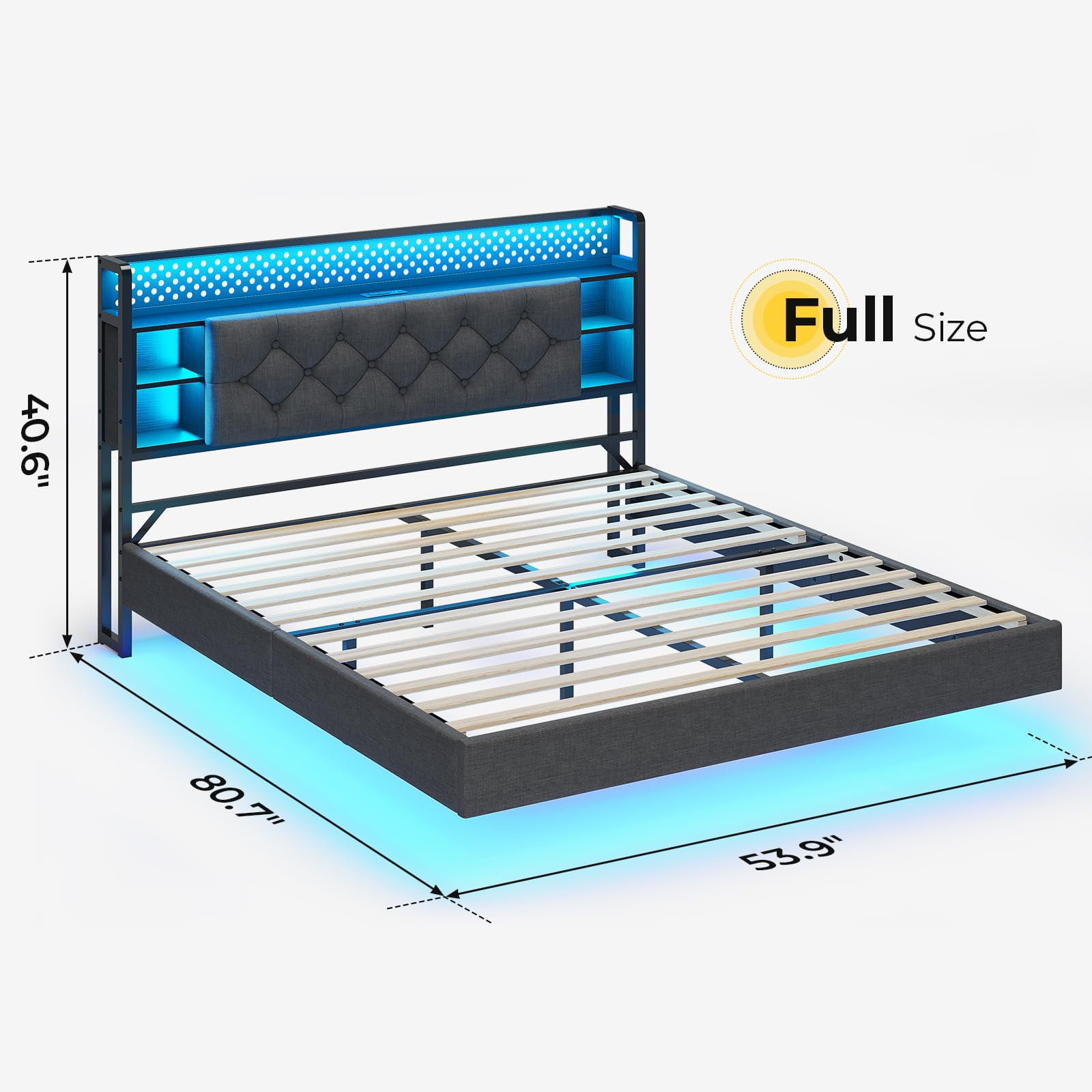 Floating Bed Frame Full Size with LED Lights Headboard, Visual Floating LED Bed Frame with Hidden Storage and USB Port Charing Station, No Box Spring Needed, Dark Grey