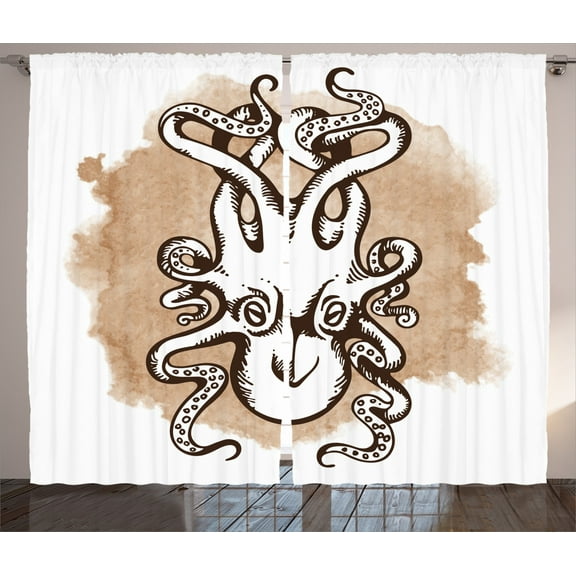 Ambesonne Digital Curtains 2 Panel Set, Kraken Monster, 108" x 84", Tan White