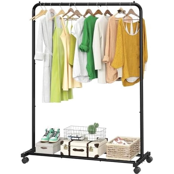 Standard Clothes Clothing Garment Rack with Storage Shelves, Rolling Clothes Organizer on Wheels for Hanging Clothes, Black